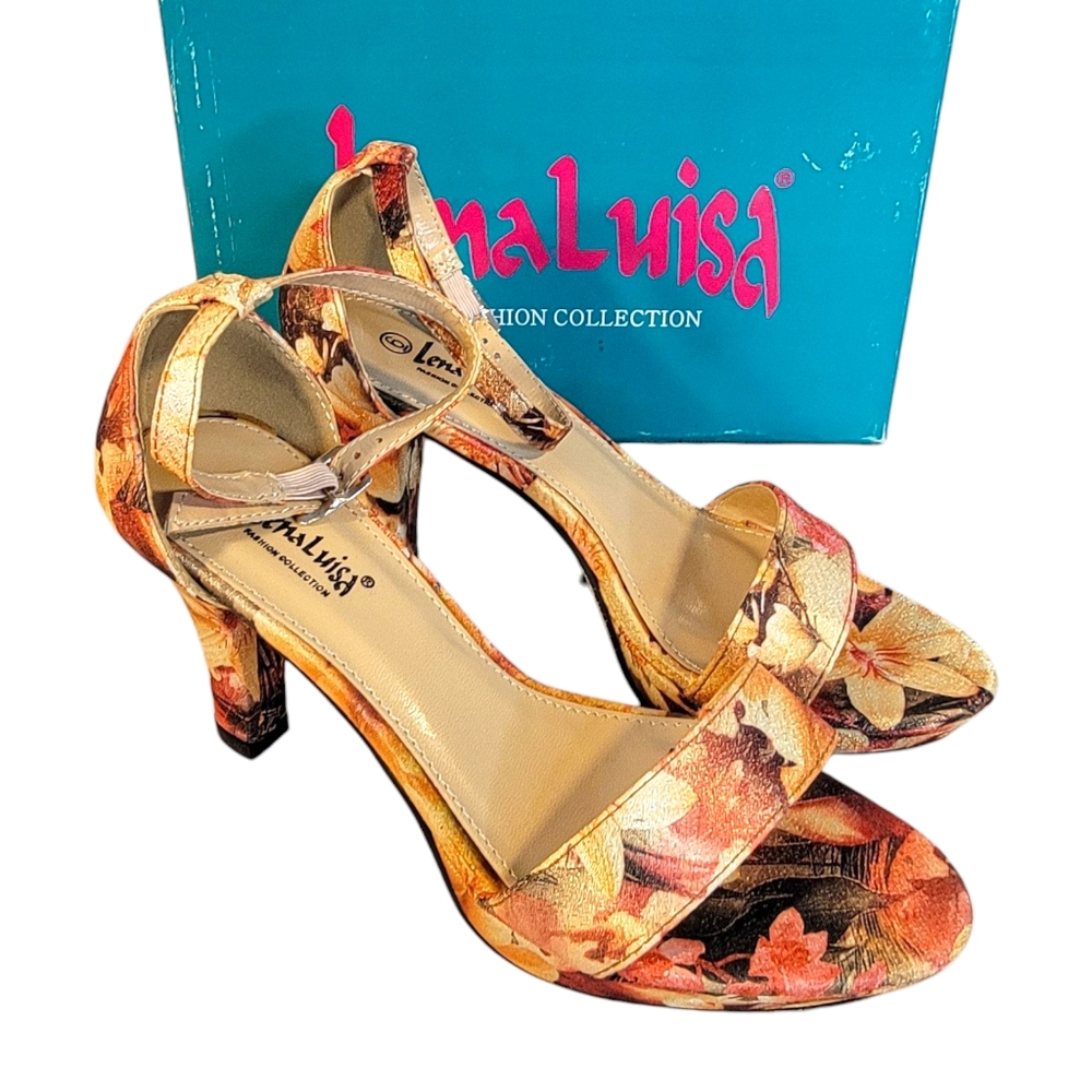 Lena Luisa Floral High Heel Shoes Open Toe Adjustable Ankle Strap Size 6